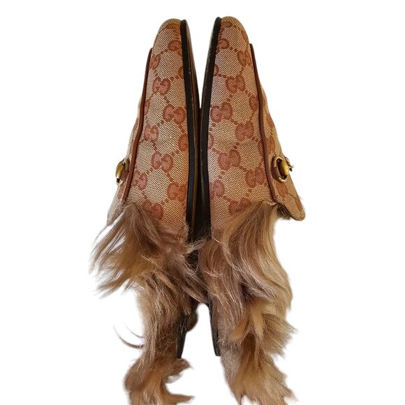 Gucci GG Monogram Princetown Horsebit Fur Lined Mule Flat Size 37.5 Beige Brown - Picture 3 of 9